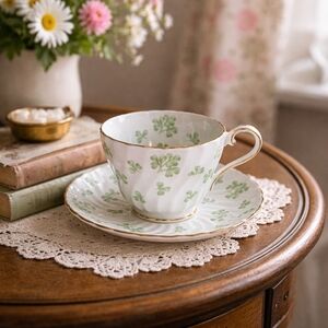 Aynsley England Fine Bone China Shamrock Teacup Saucer Gold Trim Irish Tea Cup